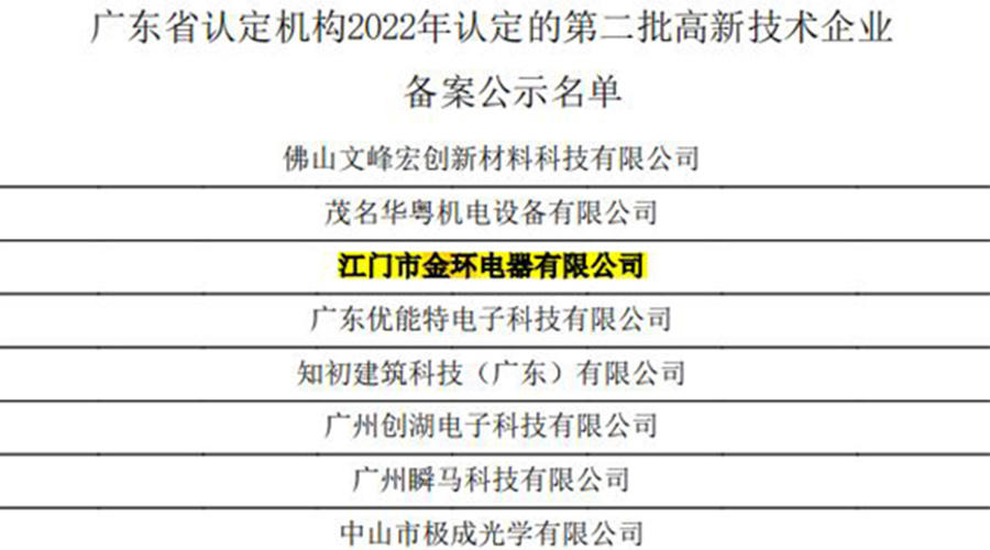 好消息！金環(huán)電器再次通過國家級“高新技術企業(yè)”認定